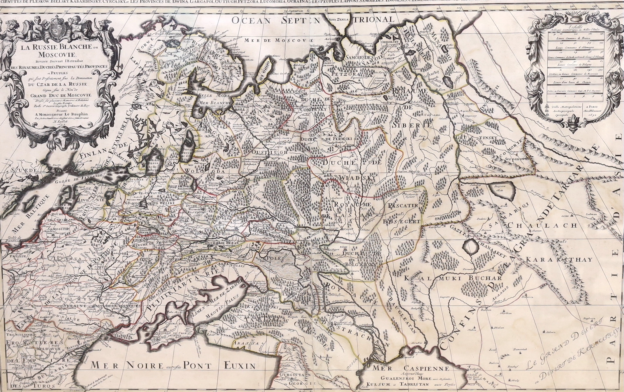 Alexis Hubert Jallist (1632-1712), coloured engraving, ‘Les Estats Du Czaar De La Russie Blanche ou Moscovie 1692', 58 x 88cm